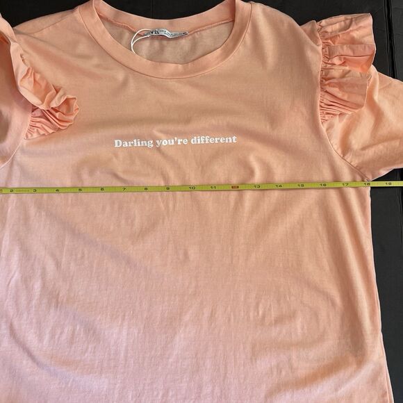 Zara Ruffle Short Sleeve Graphic Logo T Shirt Pastel Womens S Orange Peach Girly - Picture 6 of 7
